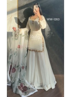 WW-1263 Fox Georgette Embroidered Top With Sarara & Digital Print Dupatta Pakistani Suit Single Wholesale Price 