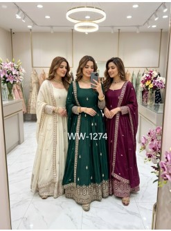 Trending Chinon Silk Embroidered Gown With Pant & Dupatta – WW-1274 Partywear And Wedding Gown Single Wholesale Price 
