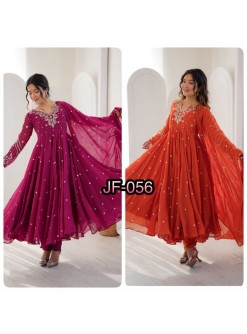 JF 056 Designer Faux Georgette Embroidered Gown with Dupatta & Pant Readymade Anarkali Dress Single Wholesale Price 