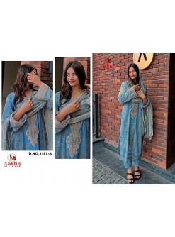 AASHA DESIGNER | 1187 (AB) | Pure Cotton Embroidered Suit | Silver Chiffon Dupatta | Ready Dispatch