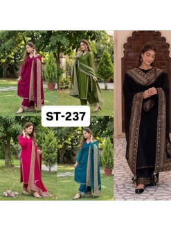 ST 237 Heavy Roman Silk Embroidered Kurti Bottom Dupatta Suit Set Pakistani Suit Single Pis Wholesale Price 