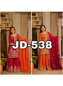 JD-538 Pure Chinon Silk Embroidered Kurti Palazzo Dupatta Set