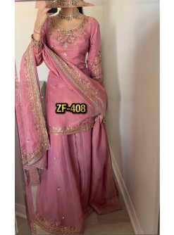 ZF-408 Heavy Pure Chinon Silk Embroidered Sharara Palazzo Suit Set