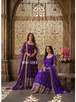 WW-1283 Bandhani Print Embroidered Sequence Gown Pant Dupatta Set