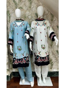 D.No. 2737 Rayon Satin Embroidered Kurti Pant Digital Dupatta Set