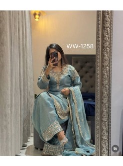 WW-1258 Zmy Chu-Silk Embroidered Sequence Top Palazzo Dupatta Set