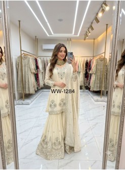 WW-1284 | Natural Satin Silk | Stone Hand Work | Ready to Wear