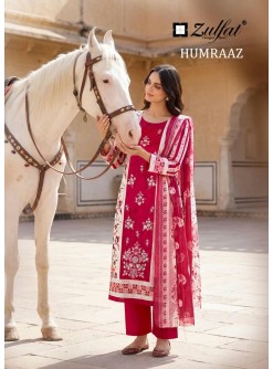 Shop HUMRAAZ by ZULFAT Pure Jam Cotton Suit with heavy full-front self embroidery, Chiffon digital print dupatta and Pure Rayon bottom. 06 PCS collection.