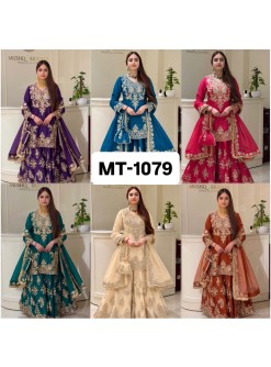 Shop MT-1079 heavy natural silk embroidered palazzo suit with Chine sequence work, Micro Cotton inner and faux georgette lace-border dupatta.