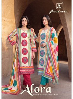 Shop ALORA by ALOK SUIT with Viscose Maslin designer print top, patch work embroidery and hand work, Viscose Rayon bottom and printed dupatta.