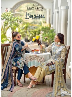 Shop RIAZ ARTS BIN SAEED PREMIUM Lawn Cotton Pakistani Suit with designer neck heavy embroidery, Cotton Dyed bottom, embroidered Pure Cotton Mal Dupatta at ₹625/-.