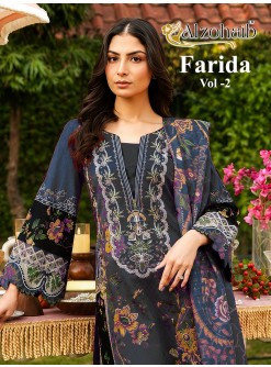 Shop ALZOHAIB Farida Vol-2 Pakistani suit with pure cotton heavy patch work top and Semi Lawn bottom. Chiffon dupatta ₹675 or cotton ₹725.