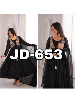 Shop JD-653 Heavy Faux Georgette Anarkali gown with 4-meter flair, designer position-work Koti, matching bottom and dupatta. Fully stitched at ₹1,249/-.