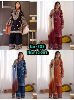 Shop NSR-888 Rayon Cotton embroidered Farshi Pant suit with thread work, Heavy Georgette digital print dupatta and lace border at ₹1,199/-.