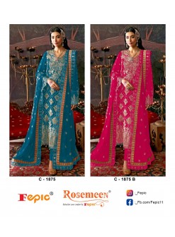 Shop FEPIC ROSEMEEN 1875 unstitched Chinon suit with heavy embroidery and handwork, embroidered Chinon dupatta and heavy Dull Santoon bottom at ₹1,475/-.