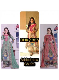 Shop DHK-1327 Pure Chinon Silk A-Line Kurta Palazzo Set with digital print, real mirror handwork, lace border and Heavy Faux Georgette dupatta at ₹899/-.