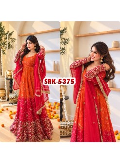 Shop SRK-5375 Faux Georgette suit with embroidery, sequins and digital print top, Heavy Micro Cotton pant and lace-border dupatta at ₹1,449/-.