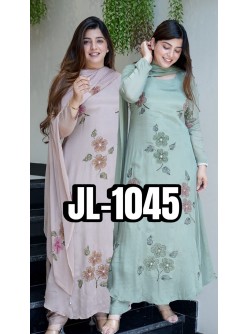 JL-1045 | Pure Chinon Silk Digital Print Diamond Hand Work A-Line Set