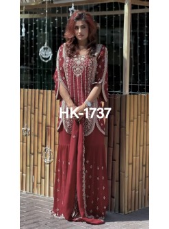 Shop HK-1737 Heavy Star Georgette sharara suit with front embroidery, sequence and cut work, matching sharara and dupatta. Fully stitched, sizes M–XXL, ₹1,349.