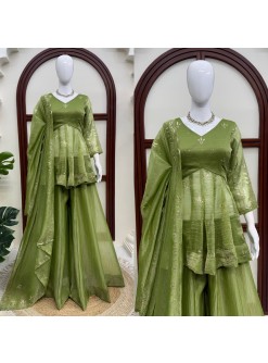 Shop 5000 Series 6084 Salsa Silk palazzo suit with Mukesh work top, stitched elastic-waist palazzo and four-side border dupatta. ₹1,499. Ready to ship.