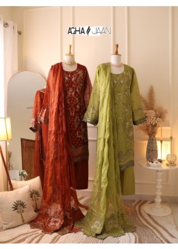 D NO:- 1032 CHIFFON ORGANZA WITH EMBROIDERY AND PETCH WORK IN PAKISTANI READYMADE COLLECTION BY AGHAJAAN 
