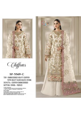 D.NO - HF - 5569 - CHIFFON HEAVY EMBROIDERY WITH HAND KHATLI & CUT WORK BY PAKISTANI SHARARA SUIT COLLECTION 