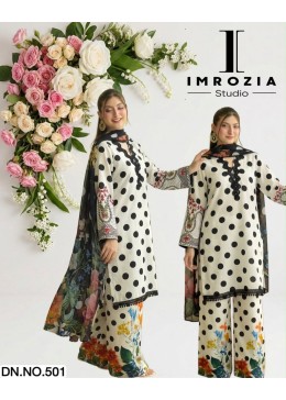 IMROZIA STUDIO - D.NO - 501 - IMPORTANT SATIN PRINT WITH SEQUENCE WORK LESS BY PAKISTANI READYMADE SUIT COLLECTION 