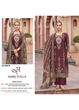 AT - 204 - PURE VISCOSE MUSLIN DIGITAL PRINT WITH AARI AND HAND WORK BY PAKISTANI SUIT COLLECTION 