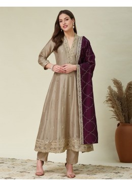 Aarya Vichitra Embroidered Kurta Pant Dupatta Suit Set – Beige & Wine