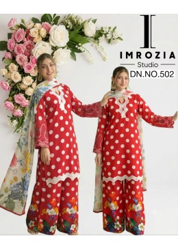 D.No 502 Imrozia Studio Imported Satin Polka Dot Ready-Made Pakistani Suit Set Single Wholesale Price 