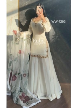 WW-1263 Fox Georgette Embroidered Top With Sarara & Digital Print Dupatta Pakistani Suit Single Wholesale Price 