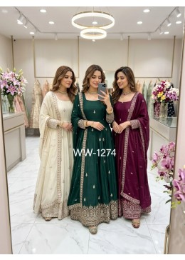 Trending Chinon Silk Embroidered Gown With Pant & Dupatta – WW-1274 Partywear And Wedding Gown Single Wholesale Price 