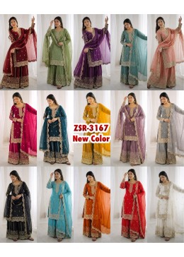 ZSR-3167 Premium Fendy Silk Embroidered Ready-to-Wear Palazzo Suit with Dupatta Pakistani Readymade Sharara Suit Single Wholesale Price 