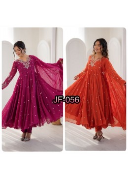 JF 056 Designer Faux Georgette Embroidered Gown with Dupatta & Pant Readymade Anarkali Dress Single Wholesale Price 