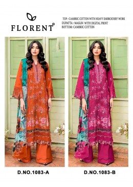 FLORENT DNO 1083 AB Cambric Cotton Heavy Embroidered 3 Piece Suit Pakistani Dress Single Peice Wholesale Price 