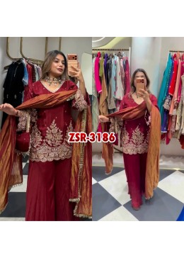 ZSR-3186 | French Crepe Embroidered Sharara Palazzo Suit | Ready to Wear | RD Fashion Surat