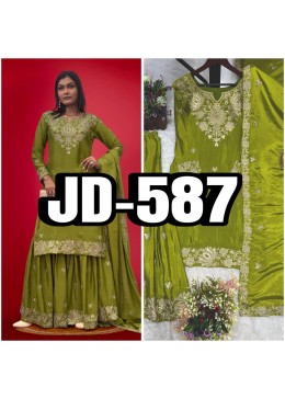 JD-587 | Pure Chinon Silk Kurti Sharara Dupatta Set | Embroidery & Sequence Work | M-XXL | Ready to Wear