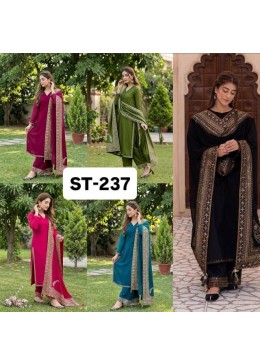 ST 237 Heavy Roman Silk Embroidered Kurti Bottom Dupatta Suit Set Pakistani Suit Single Pis Wholesale Price 