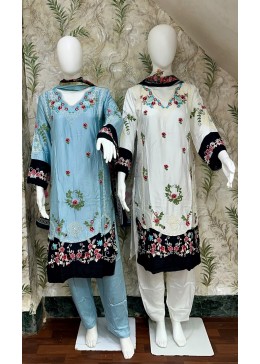 D.No. 2737 Rayon Satin Embroidered Kurti Pant Digital Dupatta Set