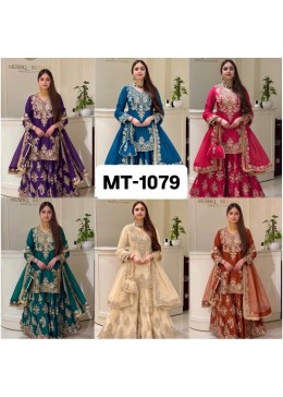 Shop MT-1079 heavy natural silk embroidered palazzo suit with Chine sequence work, Micro Cotton inner and faux georgette lace-border dupatta.