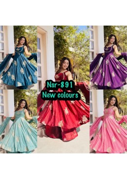 NSR 891 Pure Fendy Silk Heavy Embroidered Gown Sharara Dupatta Set Single Pis Wholesale Price 