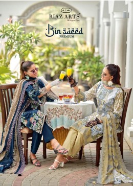 Shop RIAZ ARTS BIN SAEED PREMIUM Lawn Cotton Pakistani Suit with designer neck heavy embroidery, Cotton Dyed bottom, embroidered Pure Cotton Mal Dupatta at ₹625/-.