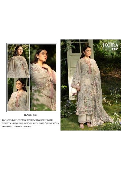 JT - 203 CAMBRIC COTTON WITH HEAVY EMBROIDERY WORK IN PAKISTANI SUIT BY JOHRA TEX 