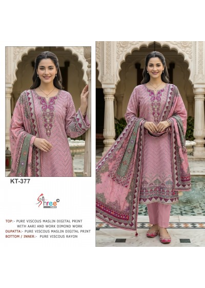 KT - 371 - 377 PURE VISCOSE MASLIN DIGITAL PRINT AND HAND WORK IN PAKISTANI SUIT 