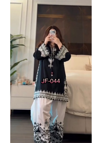 JF - 044 PURE NETURAL CRAPE SILK WITH EMBROIDERY WORK BY PAKISTANI TOP AND PLAZZO DRESS 