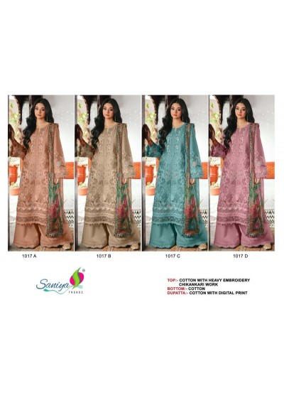 D.NO:- 1017 A B C D - COTTON WITH CHIKANKARI EMBROIDERY WORK BY PAKISTANI SUIT COLLECTION 