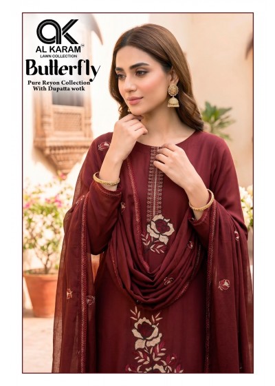 AL KARAM - BUTTERFLY - REYON FABRIC WITH EMBROIDERY WORK BY PAKISTANI SUIT COLLECTION 