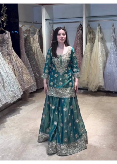 WW - 1243 - PURE GIMMY SILK WITH EMBROIDERY WORK BY PAKISTANI READYMADE SHARARA SUIT 