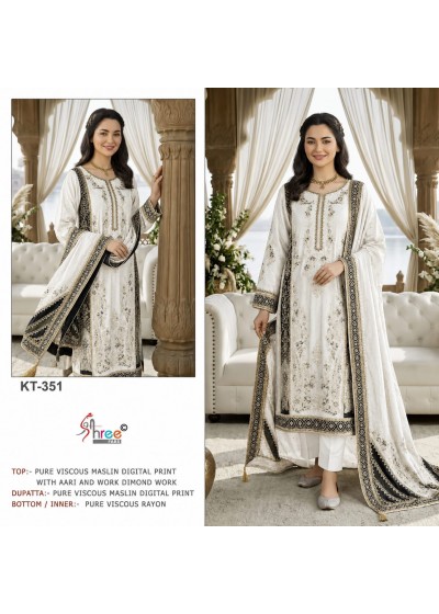 KT - 351 - PURE VISCOSE MUSLIN DIGITAL PRINT AND HAND WORK BY PAKISTANI SUIT COLLECTION BY SHREE FAB 