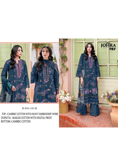 JT - 195 - D - PURE CAMBRIC COTTON WITH HEAVY EMBROIDERY WORK BY PAKISTANI SUIT COLLECTION 